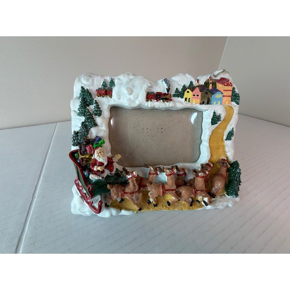 Christmas Scene Santa & Deers Picture Frame Tabletop Hold 3"x5" Resin Festive
